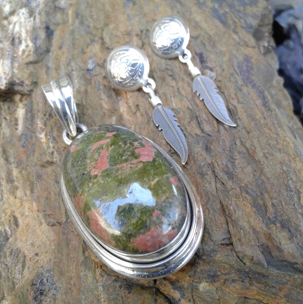 Sterling Silver Unakite Pendant and earrings SET - Picture 5 of 7